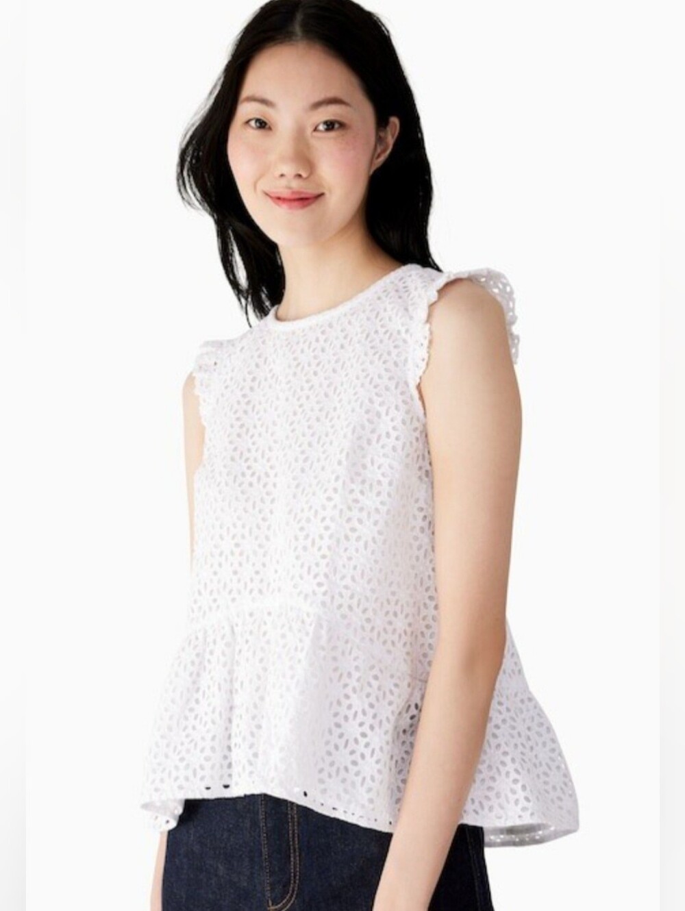 Kate Spade Top, Size 0, Whute Eyelet Lace, Sleeveless Babydoll, Ruffle